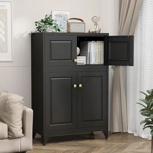 Vista 6 de Armario de almacenamiento de metal con puertas, armario pequeño de armario, armario de pared de almacenamiento negro, gabinetes de ropa de 15