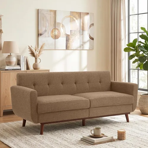 Vista 5 de Kingfun Juegos de muebles de sala de estar, estándar y otomano, sofás de decoración moderna de mediados de siglo, muebles tapizados con botones Beige