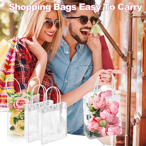 Vista 5 de Dyrfolm 24 bolsas de plástico transparente con asa, reutilizables de plástico transparente para regalo, para fiestas, compras, bodas