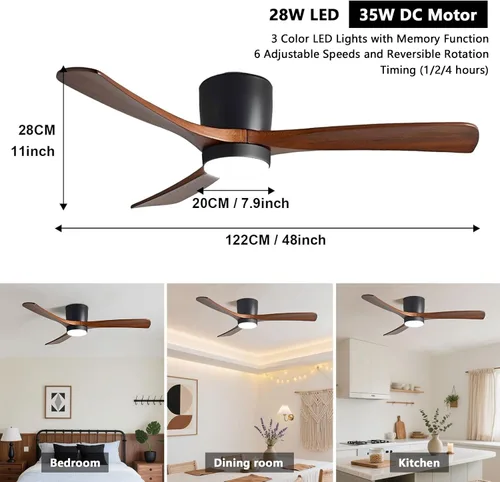 Vista 3 de Ventiladores de techo de 48 pulgadas con luces, moderno ventilador de techo negro de 6 velocidades, aspas de madera maciza con luz para dormitorio
