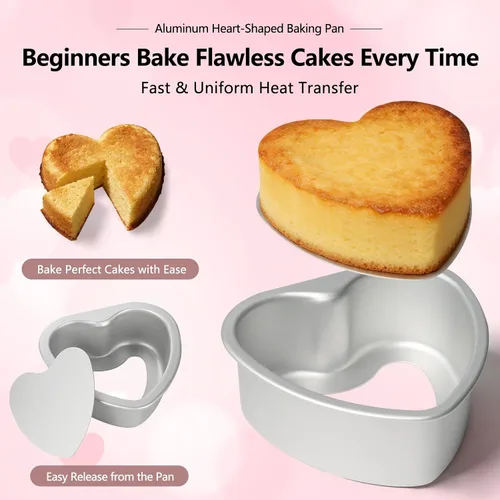 Vista 10 de Juego de 2 moldes de aluminio con forma de corazón de 4 y 6 pulgadas con parte inferior extraíble para hornear postres románticos