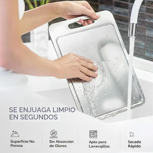 Vista 7 de Tablas de cortar de acero inoxidable para cocina, tabla de cortar de acero inoxidable con ranuras para jugo, doble cara, paquete de 3 tamaños