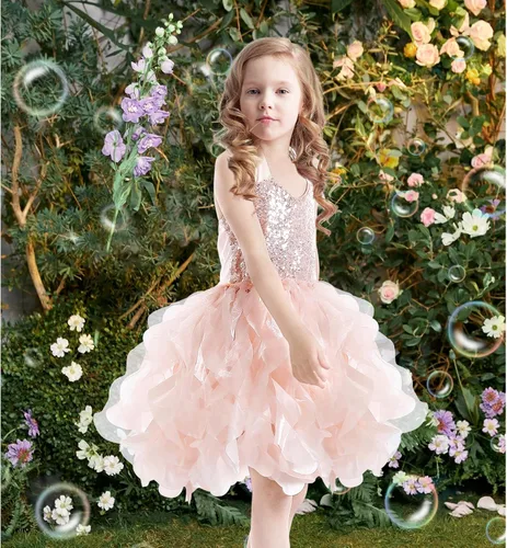 Vista 4 de Vestido tutú para niñas, traje de cumpleaños, vestido de fiesta de tul con lentejuelas brillantes para niñas, baile de graduación, tenis, concurso