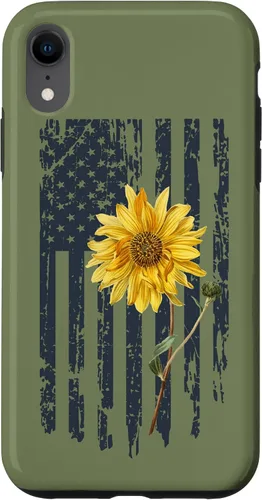 Vista 24 de iPhone 16 Yellow Sunflower Patriotic US American Flag Women Sage Green Case