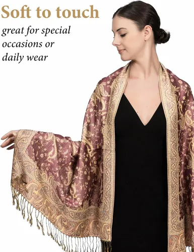 Vista 3 de Achillea Bufanda suave y sedosa reversible con flecos y estampado de cachemira