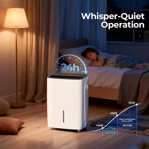 Vista 6 de COWSAR Deshumidificador de 80 pintas para sótano de oficina en casa con manguera de drenaje, ahorro de energía, pantalla LED frontal, tanque de agua