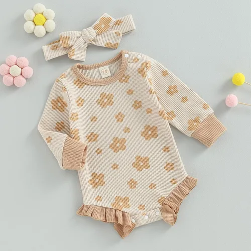 Vista 13 de Ropa de bebé recién nacida, sudadera floral de manga larga, mameluco con volantes, diadema de gofre, traje de otoño de una pieza