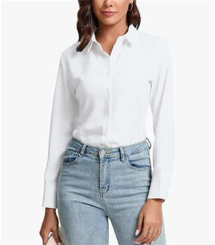 Vista 2 de Camisas con botones para mujer, ajuste delgado, manga larga, elástica, para negocios, casual, de manga larga