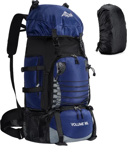 Vista 8 de Mochila de senderismo de 90L, bolsa de camping impermeable con cubierta de lluvia, mochila ligera para mochileros, sin marco Verde militar