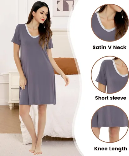 Vista 3 de NACHILA Camisones de viscosa para mujer, hechos de bambú, suaves camisas de dormir de manga corta, ropa de dormir suelta