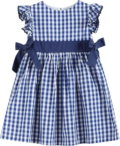 Vista 5 de Lil cactus Vestido fruncido para niñas, vestido de algodón con mangas y Azul (Blue Gingham)
