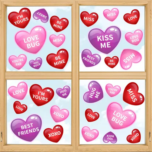 Vista 8 de Whaline 9 hojas de calcomanías románticas de corazón para el día de San Valentín, decoración de corazón de caramelo de doble cara para el hogar