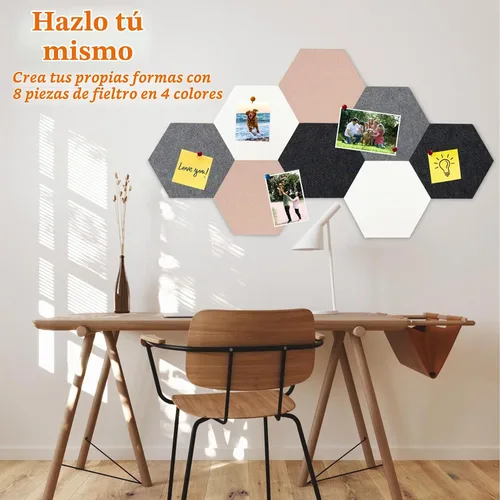 Vista 3 de 8 Piezas Azulejos Hexagonales de Tablero de Corcho de Fieltro, Autoadhesivos DIY Tablero de Anuncios Tablero de Clavijas para Oficina Escuela Hogar
