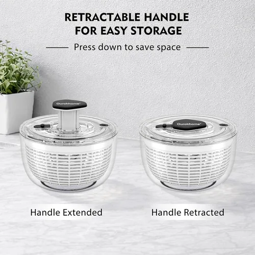 Vista 7 de Ourokhome Centrifugadora de Ensalada Secadora de Lechuga, Secadora de Vegetales Grande de Presión Fácil con Una Mano, Mezcladora de Ensalada