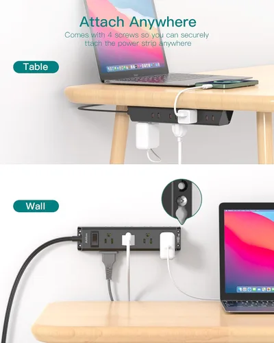 Vista 4 de Cable de extensión de pared plano - Regleta protectora de sobretensiones con 12 tomas, 5 pies, extensor de salida con múltiples tomas, montaje