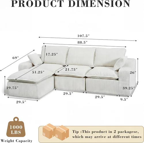 Vista 2 de Sofá seccional de pana sin hueso de 107 pulgadas para sala de estar, sofá modular con diván en forma de L, moderno sofá modular con asiento profundo