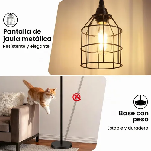 Vista 5 de Sucolite Lámpara de Pie Regulable de 70" para Sala de Estar, Lámpara de Pie Industrial de Árbol de 3 Luces Negra con Jaulas, Lámpara de Pie Alta