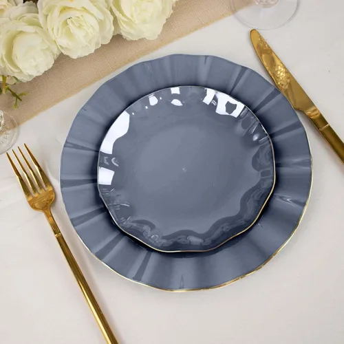 Vista 85 de Tableclothsfactory Paquete de 10 platos redondos de plástico negro de 6 pulgadas para ensalada de postre, platos desechables con borde ondulado