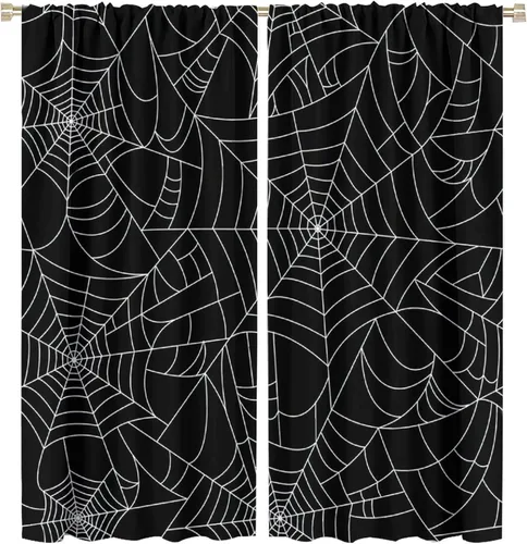 Vista 72 de Cortinas opacas de tela de araña aterradora para niños, tela de araña en blanco y negro, fondo rojo, dormitorio de niños, guardería, decoración