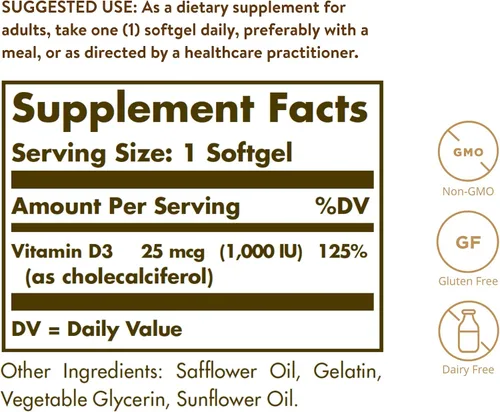 Vista 2 de Solgar - Vitamina D3 (colecalciferol) 25 MCG (1000 UI), 250 cápsulas blandas - Ayuda a mantener huesos y dientes sanos - Apoyo al sistema