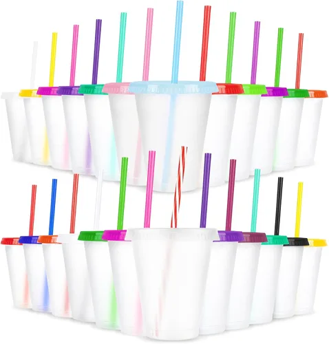 Vista 12 de 24 Piezas Vasos de Plástico con Tapas y Pajitas, Vasos Reutilizables con Tapas Vasos Coloridos de Plástico para Fiesta de Cumpleaños, Taza de Café