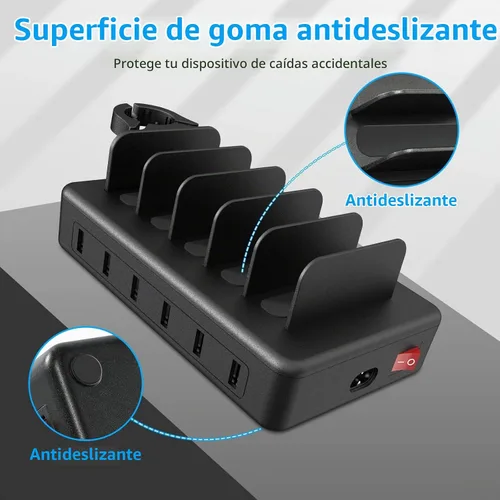 Vista 5 de Estación de Carga para Múltiples Dispositivos, CREATIVE DESIGN Estación de Carga USB 50W de 6 Puertos con Soporte para Apple Watch y 6 Cables