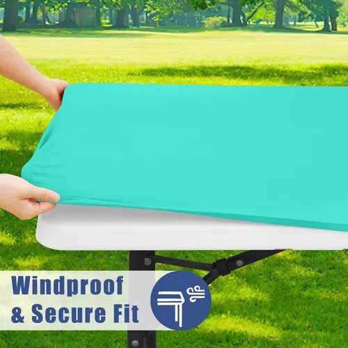 Vista 3 de Moosfor Mantel rectangular de elastano de 4 pies, manteles elásticos ajustables para pícnic, funda elástica y lavable para mesa de patio para Azul
