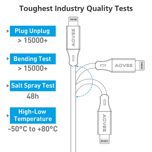 Vista 4 de AGVEE Paquete de 3 cables de carga de 1.5 pies para iPhone, punta reforzada, cable de datos trenzado rápido OEM USB para iPhone 11, 10, 8, 7, 6S, 6