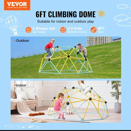Vista 2 de VEVOR Cúpula de escalada, gimnasio de jungla de 6 pies para niños de 3 a 9 años, centro de juegos geométrico para escalar con soporte de 600LBS