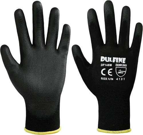 Vista 2 de DULFINE - Guantes de trabajo de seguridad para hombre, 12 pares, ultrafinos con revestimiento de poliuretano, color negro, talla XS