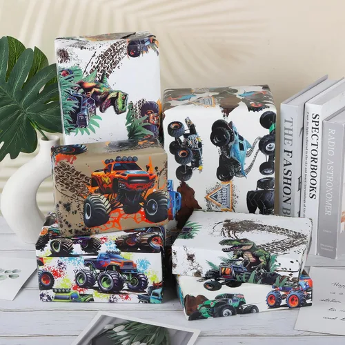 Vista 2 de Dtiafu Papel de regalo de camión monstruo para niños – Papel de regalo de coche de carreras a granel plegado plano para cumpleaños, baby shower