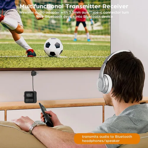 Vista 2 de Receptor transmisor Bluetooth 5.3 para TV a 2 auriculares inalámbricos Dual Link 2 en 1 Adaptador de audio Bluetooth inalámbrico con 0.138 in