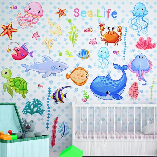Vista 4 de 4 hojas de calcomanías de pared de vida oceánica debajo del pez marino, coloridas y extraíbles de criaturas marinas bajo el agua, medusas