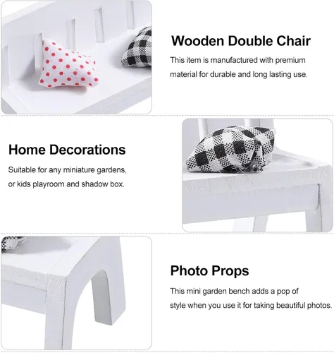 Vista 5 de SEWACC Figura de silla de porche en miniatura, banco de jardín doble de madera blanca, muebles para casa de muñecas para jardín de hadas, accesorios