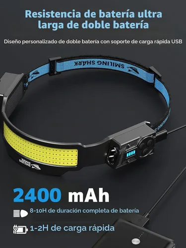 Vista 5 de Smiling Shark Linterna frontal TS-4, foco doble con luz de inundación 4X y linterna de cabeza LED estroboscópica recargable 2400mAh de larga