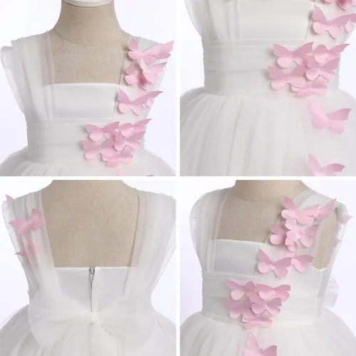 Vista 4 de Vestido tutú de tul para niña pequeña, vestido de mariposa y flores para niña, trajes formales de cumpleaños, vestidos de pastel