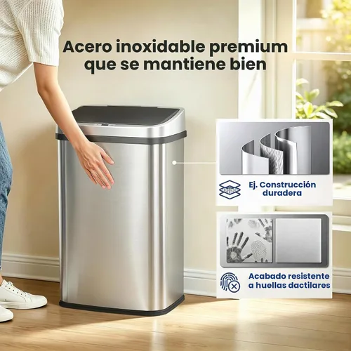 Vista 6 de Ninestars DZT-50-28BR - Bote de basura rectangular con sensor de movimiento automático sin contacto, parte superior negra, 13 galones, 49 L, cepillo