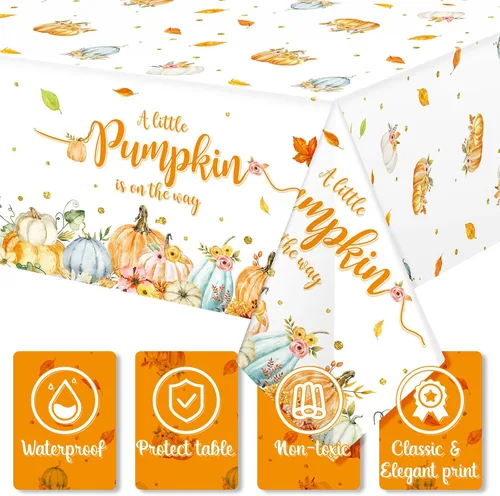 Vista 3 de WovWeave Paquete de 3 manteles de calabaza pequeña para decoración de fiesta de baby shower de otoño para niños y niñas, fundas de mesa para Acción