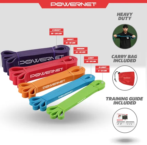 Vista 3 de PowerNet Resistance Bands, Heavy Duty & Regular Resistance Color-Coded Exercise Bands, Workout Equipment for Home Gym, Progressive Elastic Bands for