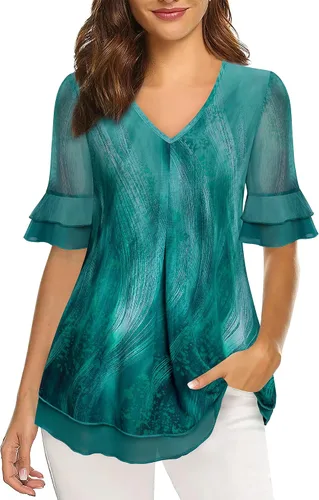 Vista 2 de VALOLIA Blusa de manga corta para mujer, estilo casual, holgada, floral, de malla, plisada, en capas