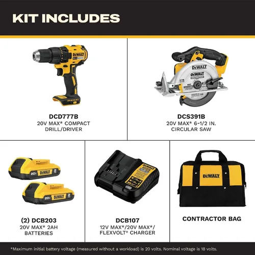Vista 2 de DEWALT 20V MAX Cordless Drill Driver and Circular Saw Combo Kit with 2 x 2 Ah Batteries and Charger, Contractor Bag (DCK252D2)