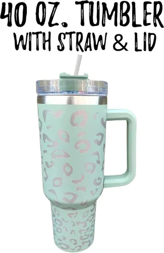 Vista 3 de Vaso de 40 onzas con asa y pajita, color menta, verde claro, azul, leopardo, plata, tapa de taza de 10 pulgadas de alto, incluida taza de viaje