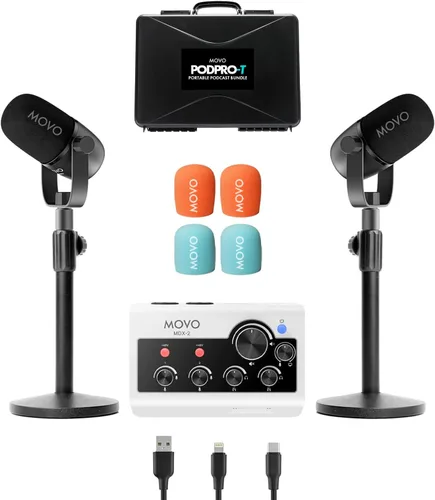 Vista 10 de Movo Paquete portátil de equipo de podcast para iPhone/teléfonos Android - Kit de podcast con interfaz de audio, 2 micrófonos dinámicos CastMic, 2