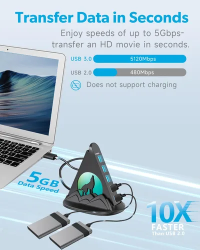 Vista 3 de Hub USB 3.0, concentrador USB de 7 puertos con luz nocturna RGB y base, divisor USB vertical para escritorio, laptop, MacBook, Xbox, PS4/5, consola