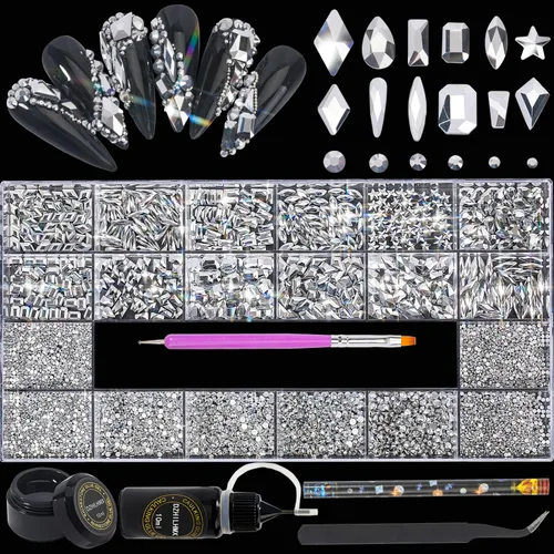 Vista 7 de Diamantes de imitación para uñas, 4300 unidades, oro champán, gemas de múltiples formas, diamantes de imitación de parte trasera plana, con kit