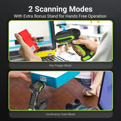 Vista 5 de Tera Escáner de código de barras inalámbrico 2D QR con soporte: indicador de nivel de batería versión Pro 2500mAh lector de código de barras