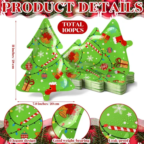 Vista 3 de 100 platos de papel de postre de Navidad de 11 x 7.9 pulgadas, platos de postre desechables en forma de árbol de Navidad, plato de cena de papel