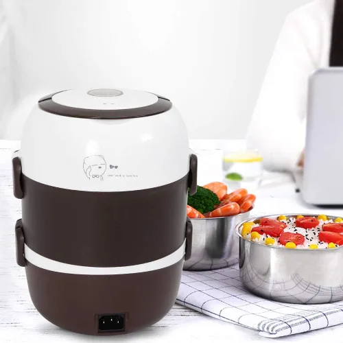Vista 2 de Lonchera eléctrica, de acero inoxidable de 2 litros, calentador de alimentos con asa, calentador de alimentos portátil Bento para el trabajo