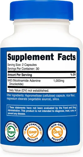 Vista 5 de Nutricost Suplemento NAD+ (1,000 mg) 60 cápsulas - Dinucleótido de nicotinamida y adenina, vegano, sin OMG, sin gluten, 30 porciones