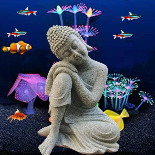 Vista 4 de livelyfish Mini estatua de Buda meditando piedra arenisca natural Buda adorno para 10 galones y debajo de peceras, decoración de acuario